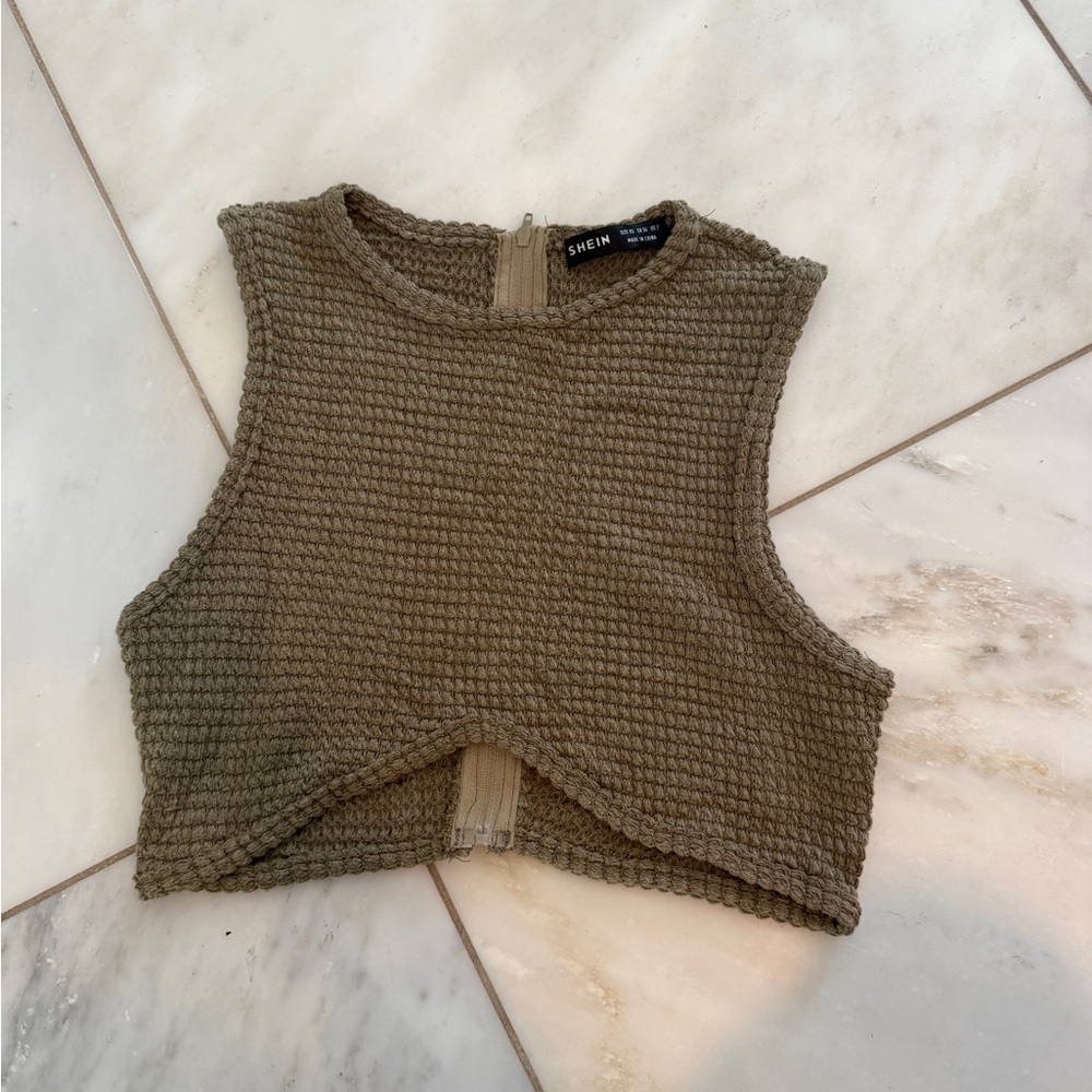SHEIN Brown Ribbed Cut Out Crop Tank Top